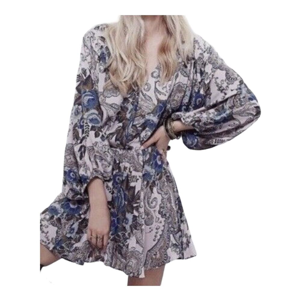 Free People High Plains Deep‎ V Puff Sleeve Flowy Beachy Boho Mini Dress Sz M